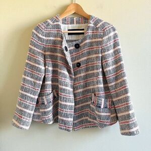 Zara Striped Blazer Jacket Top Collarless Pockets Tweed Womens Size‎ S